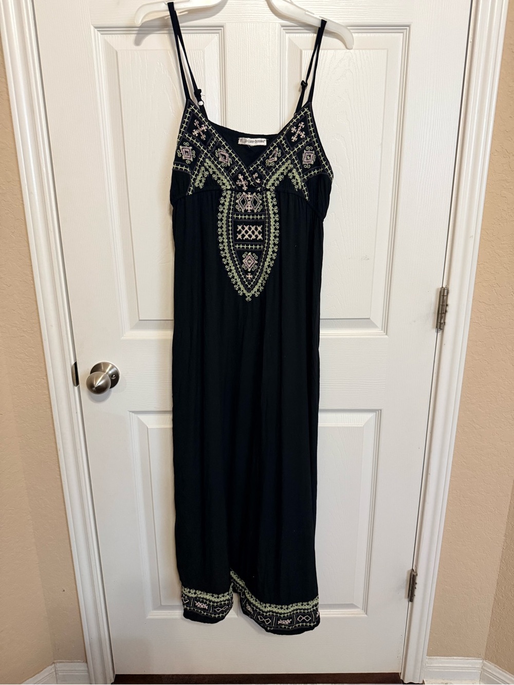 Black Embroidered Maxi Dress with Delicate Green Accents